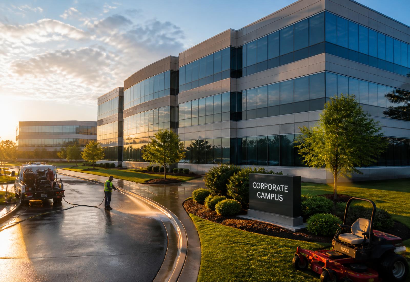 Professional exterior maintenance and grounds care at a commercial corporate campus