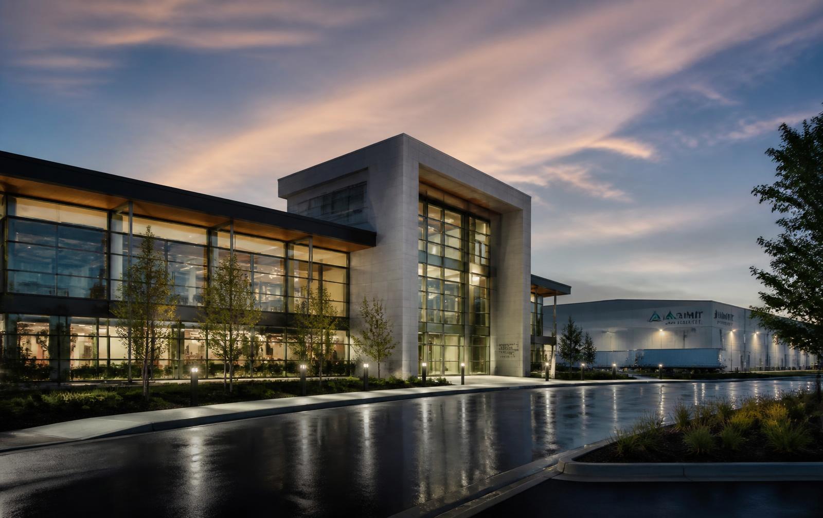 Modern government and institutional facility at dusk