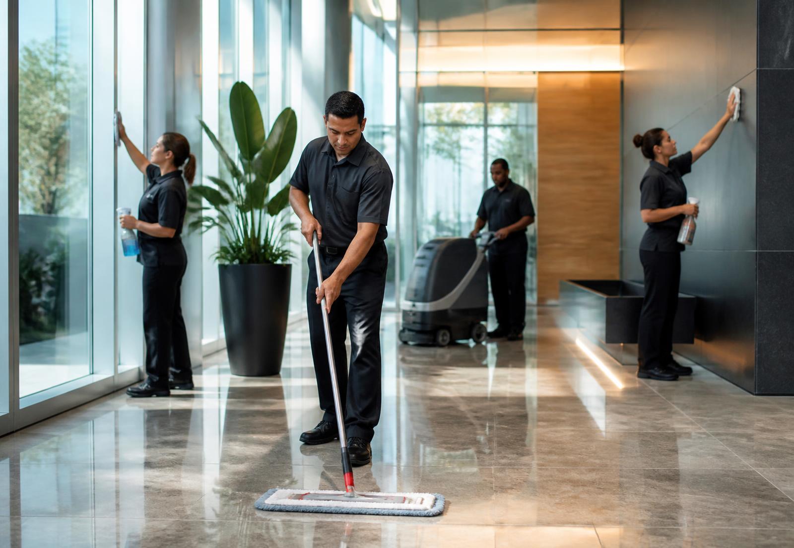 Commercial facility services crew maintaining a modern corporate office lobby